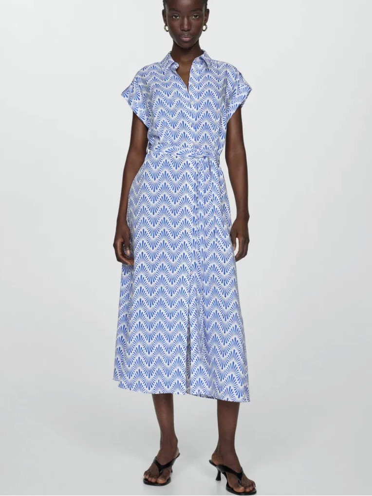 Blue Patterned Cap-Sleeve Shirt Dress With Tie Waist
